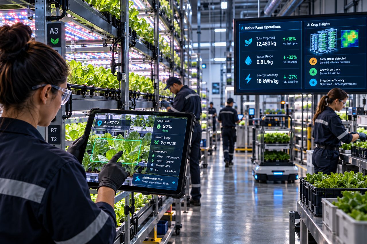Five workers along racks of leafy greens and packing tables inside an indoor vertical farm.