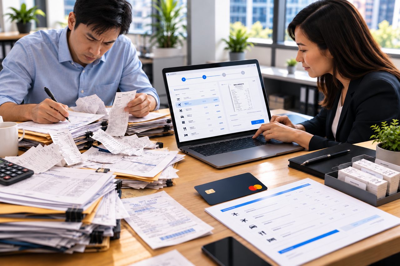 Two colleagues at a desk covered in receipts and expense forms, one checking them by hand, the other working on a laptop.