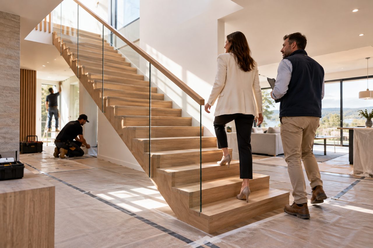 A woman in heels climbs a wooden staircase with a glass balustrade, a man with a clipboard behind her and two workers in the background.