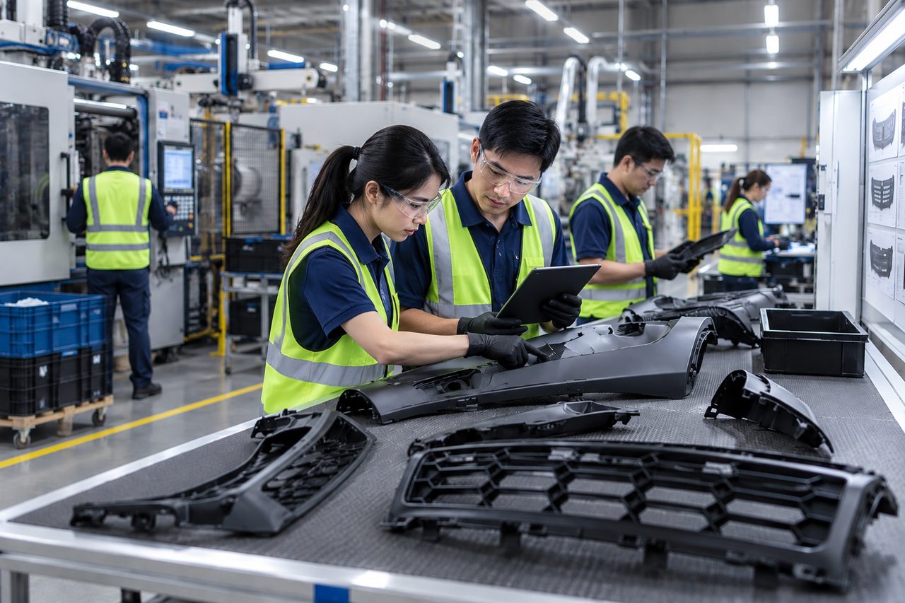 Workers in safety glasses and vests examine black moulded plastic car parts at a factory bench.