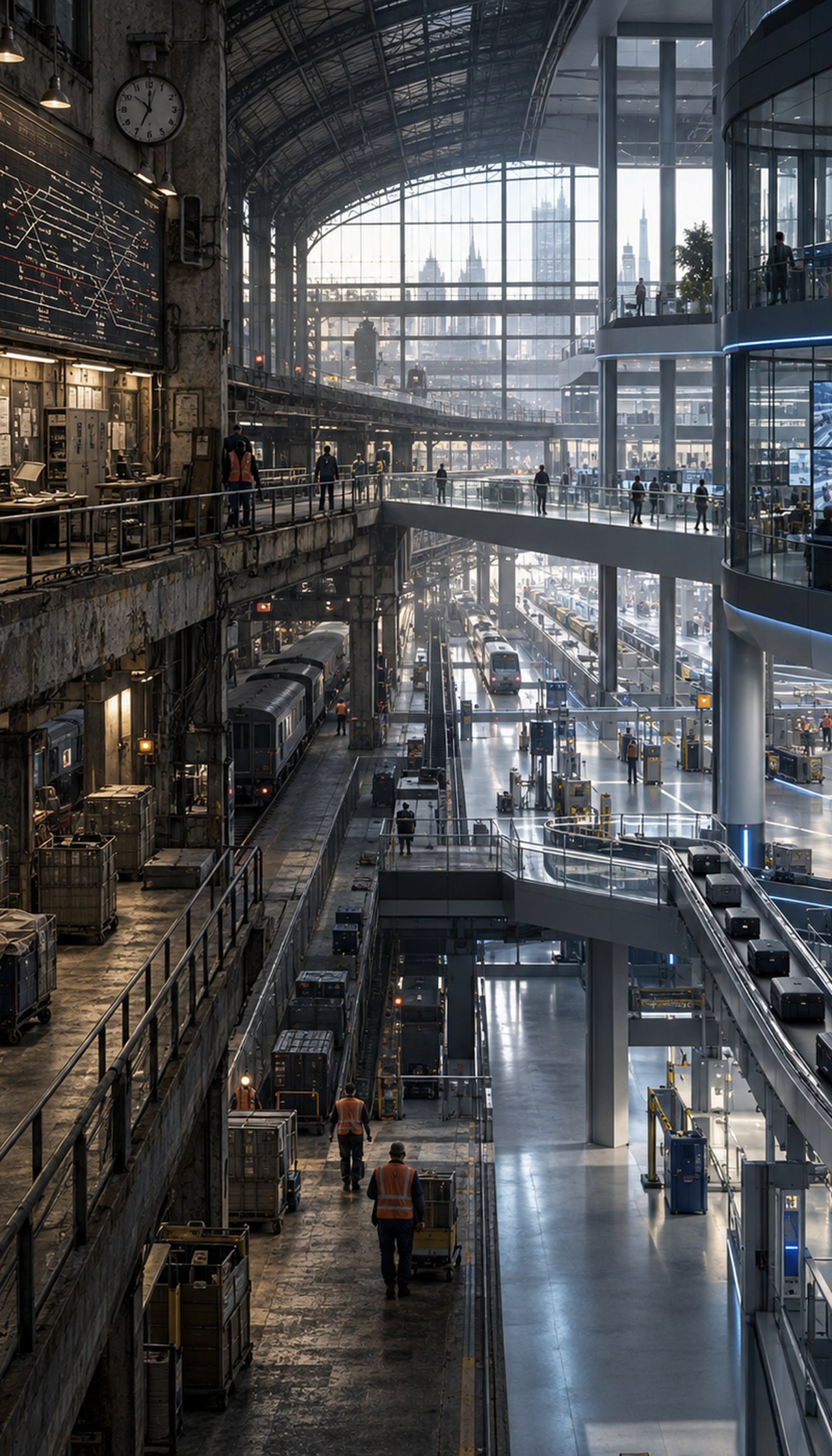 An old rail hall and a modern glass terminal, side by side under one roof.