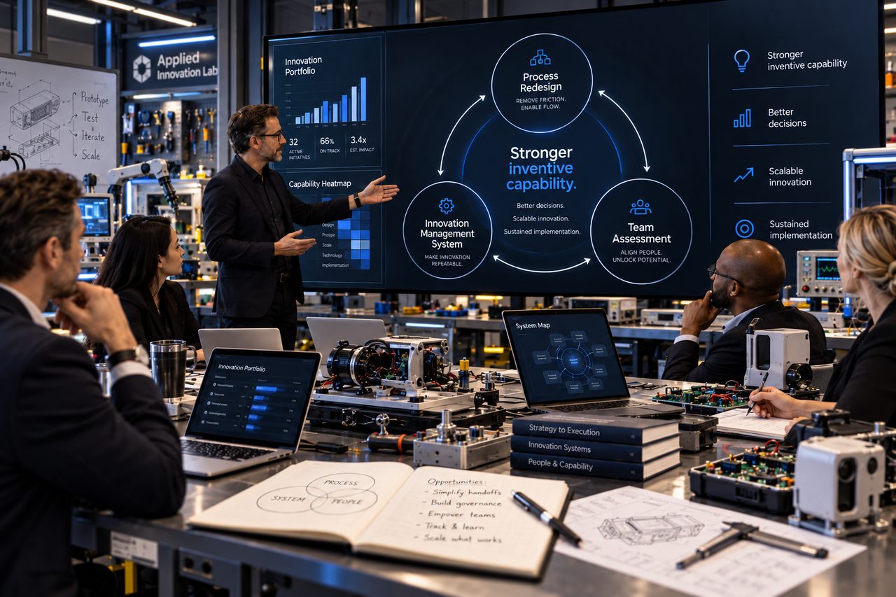 Five people around a workbench, one gesturing toward a large display screen, with lab equipment behind them.